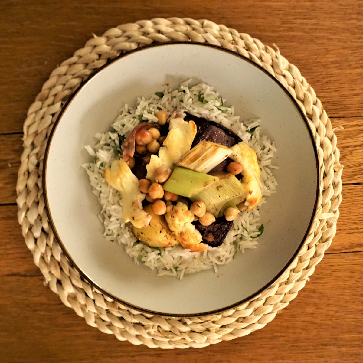 Roasted winter vegetables, with chickpea, halloumi & herby rice – Hill & Vale