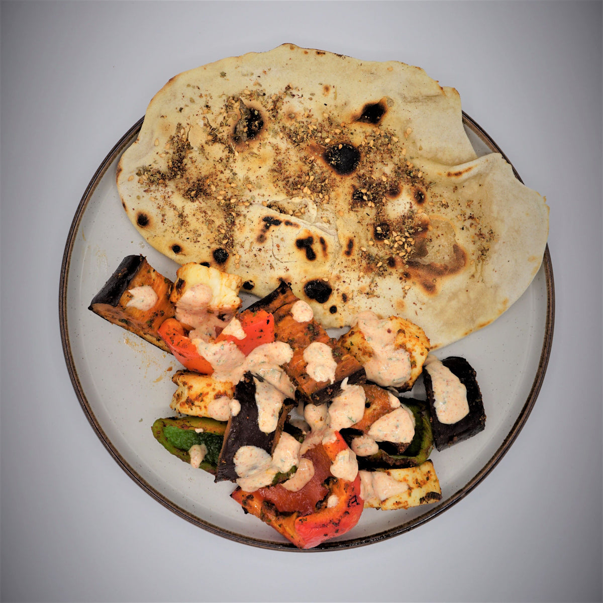 Aubergine, halloumi &amp; sweet pepper shish kebab
&ndash; Hill &amp; Vale