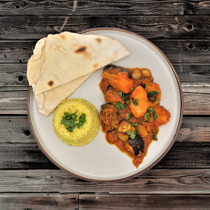 Butternut squash & aubergine bhuna served with pilau rice and chapatis